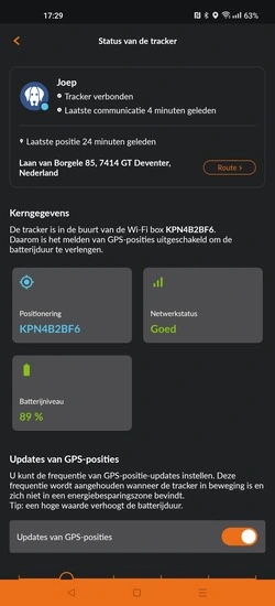 Weenect XT hond tracker app status scherm (GPSExperts.nl test)